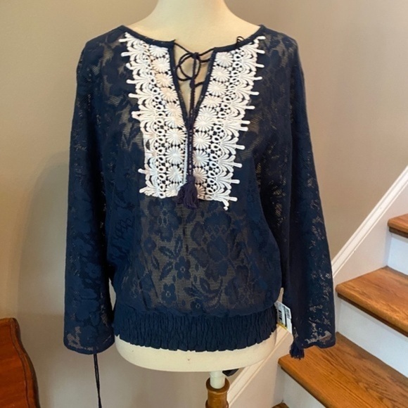 Love Riche Navy Lace Embroidered BOHO Top L - Picture 3 of 12